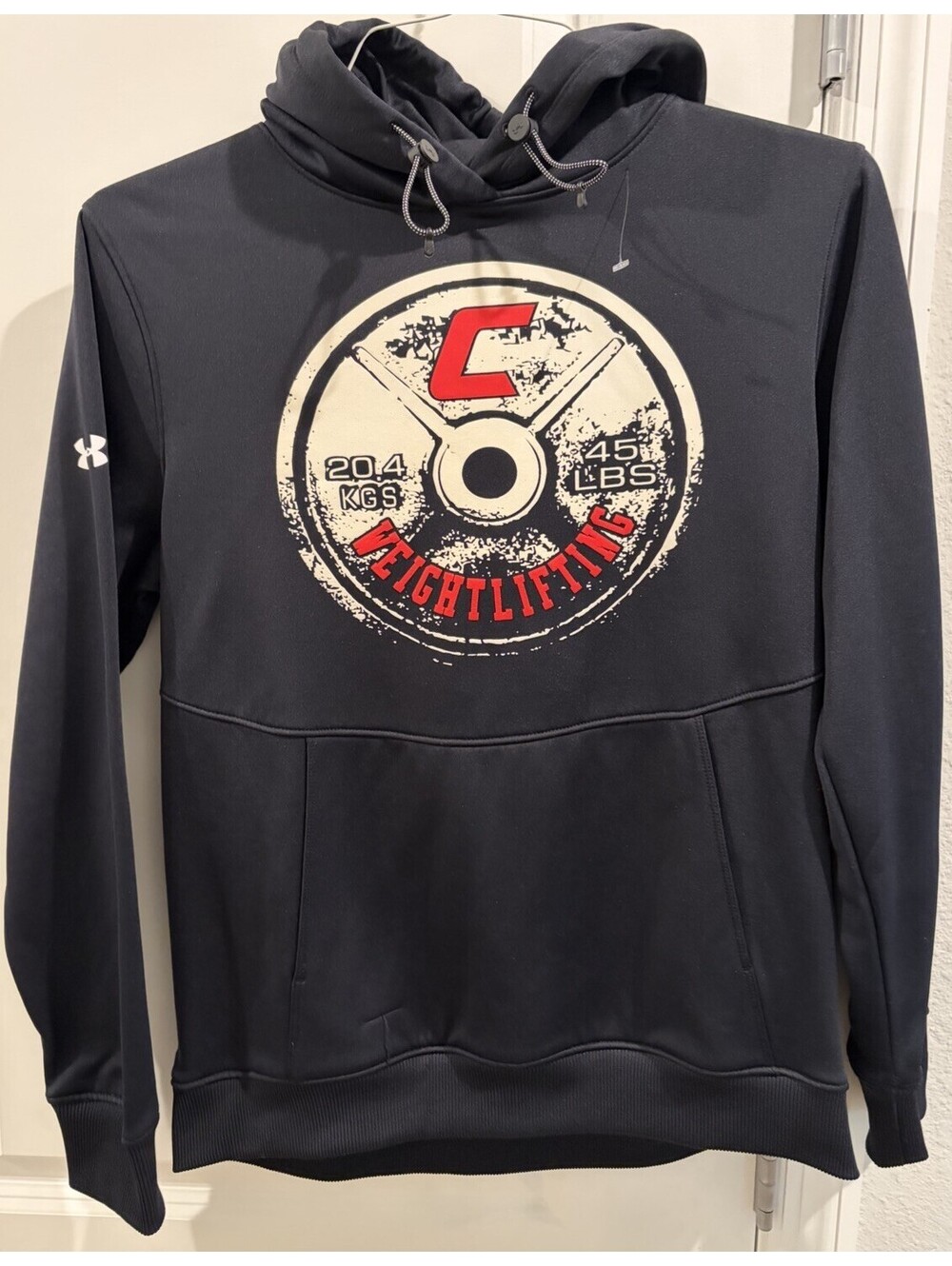 Under Armour Hoodie Weightlifting 45 LB Plate Men’s Medium Gym Training Pullover